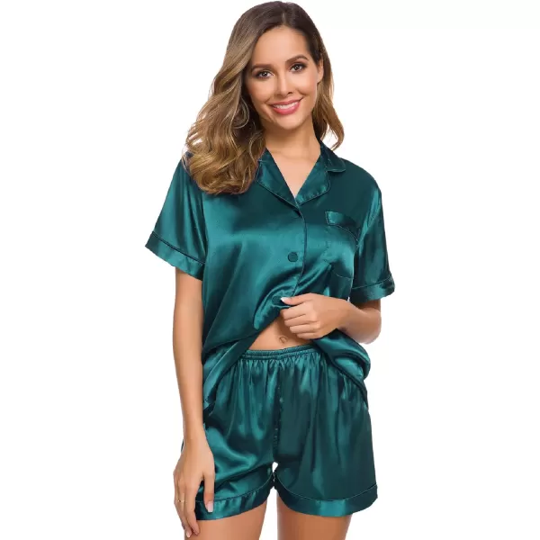 SWOMOG Womens Silk Satin Pajamas Set Twopiece Pj Sets Sleepwear Loungewear ButtonDown Pj SetsGreen Solid214