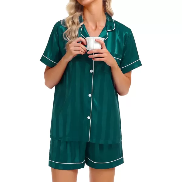 SWOMOG Womens Silk Satin Pajamas Set Twopiece Pj Sets Sleepwear Loungewear ButtonDown Pj SetsGreenstriped