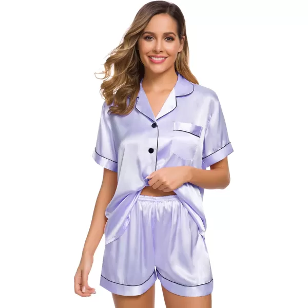 SWOMOG Womens Silk Satin Pajamas Set Twopiece Pj Sets Sleepwear Loungewear ButtonDown Pj SetsLavender