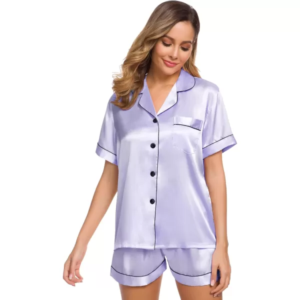 SWOMOG Womens Silk Satin Pajamas Set Twopiece Pj Sets Sleepwear Loungewear ButtonDown Pj SetsLavender