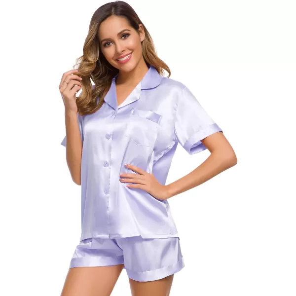 SWOMOG Womens Silk Satin Pajamas Set Twopiece Pj Sets Sleepwear Loungewear ButtonDown Pj SetsLavender Solid214