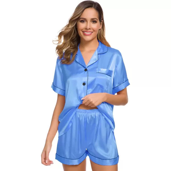 SWOMOG Womens Silk Satin Pajamas Set Twopiece Pj Sets Sleepwear Loungewear ButtonDown Pj SetsMarina Blue