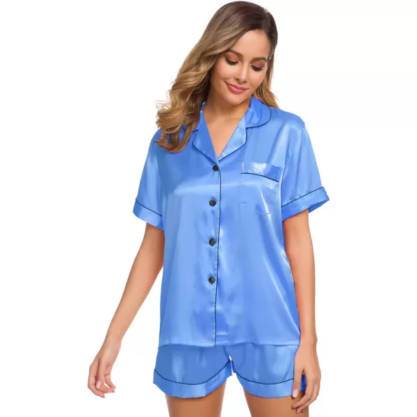 SWOMOG Womens Silk Satin Pajamas Set Twopiece Pj Sets Sleepwear Loungewear ButtonDown Pj SetsMarina Blue