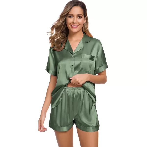 SWOMOG Womens Silk Satin Pajamas Set Twopiece Pj Sets Sleepwear Loungewear ButtonDown Pj SetsMatcha Solid214