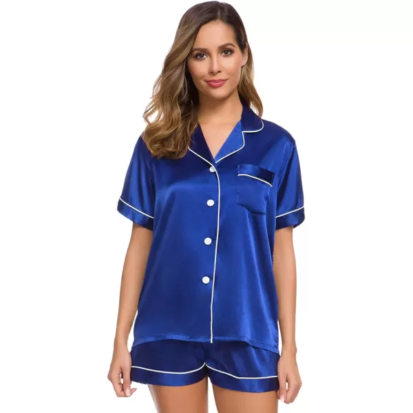 SWOMOG Womens Silk Satin Pajamas Set Twopiece Pj Sets Sleepwear Loungewear ButtonDown Pj SetsMidninght Blue