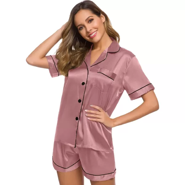 SWOMOG Womens Silk Satin Pajamas Set Twopiece Pj Sets Sleepwear Loungewear ButtonDown Pj SetsMisty Rose