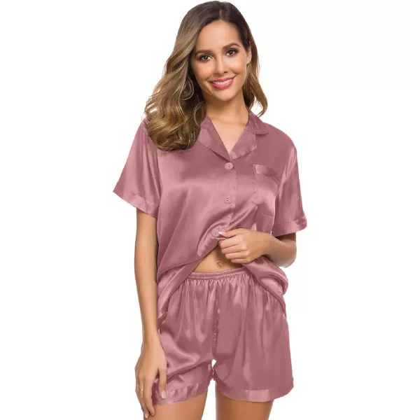 SWOMOG Womens Silk Satin Pajamas Set Twopiece Pj Sets Sleepwear Loungewear ButtonDown Pj SetsMisty Rose Solid214