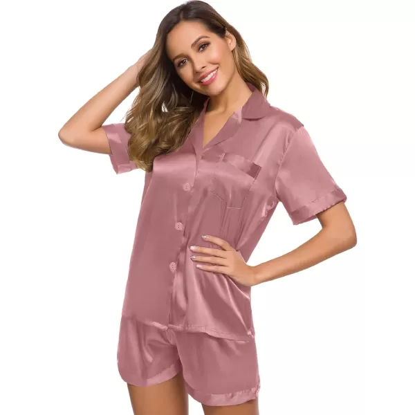 SWOMOG Womens Silk Satin Pajamas Set Twopiece Pj Sets Sleepwear Loungewear ButtonDown Pj SetsMisty Rose Solid214