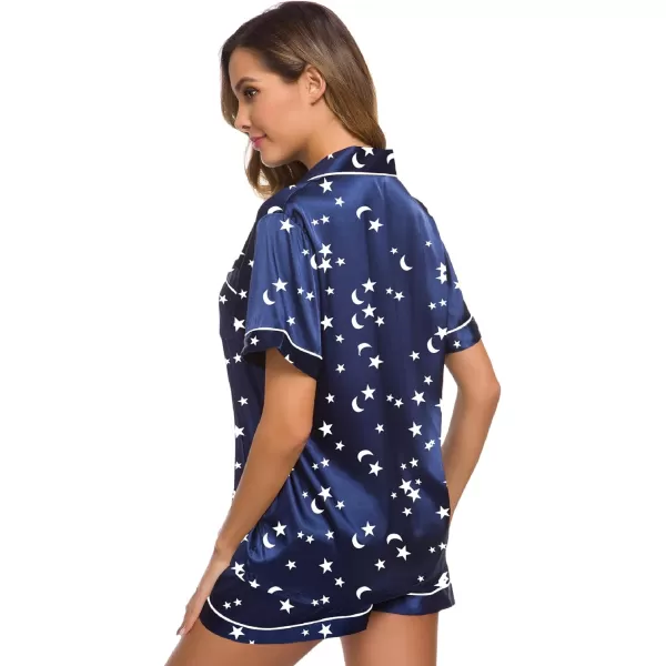 SWOMOG Womens Silk Satin Pajamas Set Twopiece Pj Sets Sleepwear Loungewear ButtonDown Pj SetsMoon and Star Navy Blue