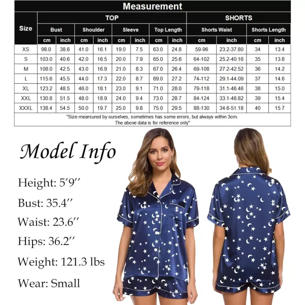 SWOMOG Womens Silk Satin Pajamas Set Twopiece Pj Sets Sleepwear Loungewear ButtonDown Pj SetsMoon and Star Navy Blue