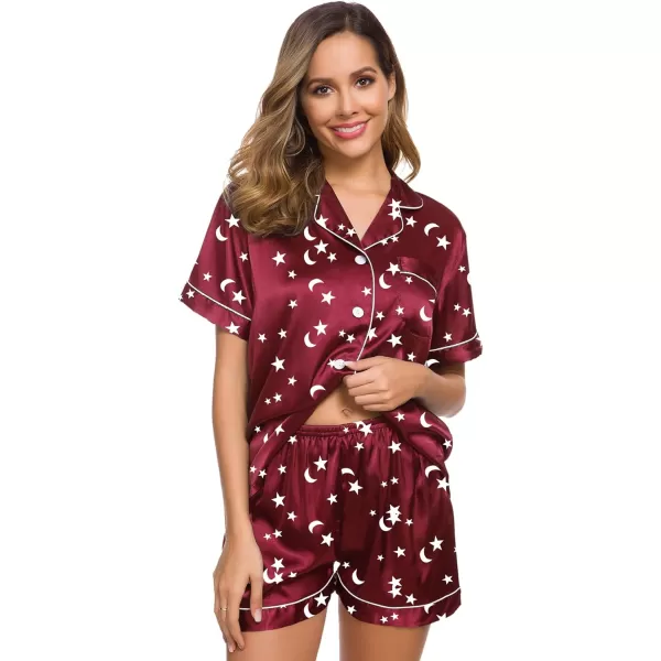SWOMOG Womens Silk Satin Pajamas Set Twopiece Pj Sets Sleepwear Loungewear ButtonDown Pj SetsMoon and Star Wine Red
