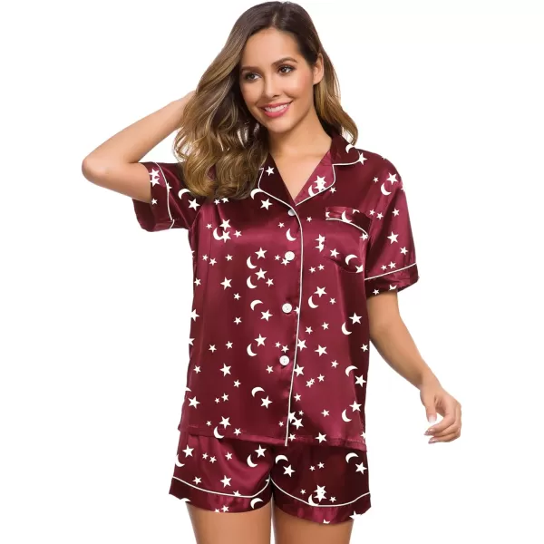 SWOMOG Womens Silk Satin Pajamas Set Twopiece Pj Sets Sleepwear Loungewear ButtonDown Pj SetsMoon and Star Wine Red