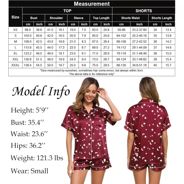 SWOMOG Womens Silk Satin Pajamas Set Twopiece Pj Sets Sleepwear Loungewear ButtonDown Pj SetsMoon and Star Wine Red