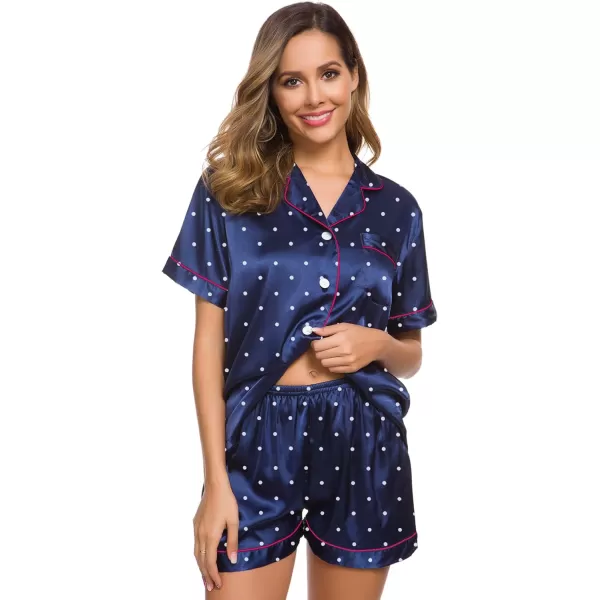 SWOMOG Womens Silk Satin Pajamas Set Twopiece Pj Sets Sleepwear Loungewear ButtonDown Pj SetsNavy Blue Dots