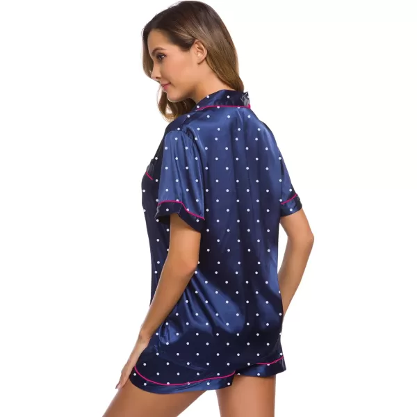 SWOMOG Womens Silk Satin Pajamas Set Twopiece Pj Sets Sleepwear Loungewear ButtonDown Pj SetsNavy Blue Dots