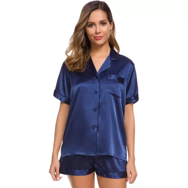 SWOMOG Womens Silk Satin Pajamas Set Twopiece Pj Sets Sleepwear Loungewear ButtonDown Pj SetsNavy Blue Solid214