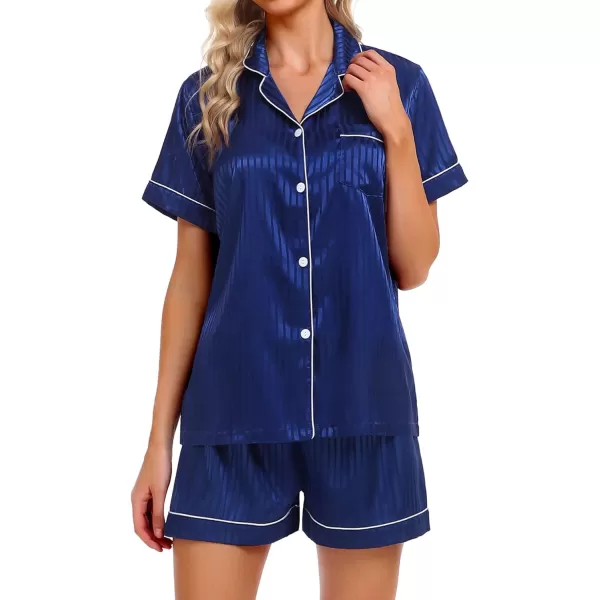 SWOMOG Womens Silk Satin Pajamas Set Twopiece Pj Sets Sleepwear Loungewear ButtonDown Pj SetsNavy Blue Style2pinstriped