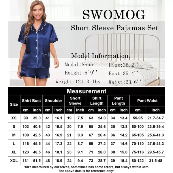 SWOMOG Womens Silk Satin Pajamas Set Twopiece Pj Sets Sleepwear Loungewear ButtonDown Pj SetsNavy Bluepockets209