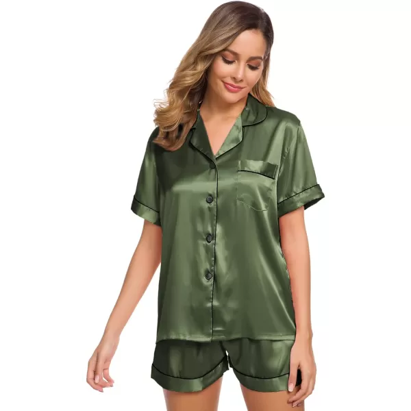 SWOMOG Womens Silk Satin Pajamas Set Twopiece Pj Sets Sleepwear Loungewear ButtonDown Pj SetsOlive Green