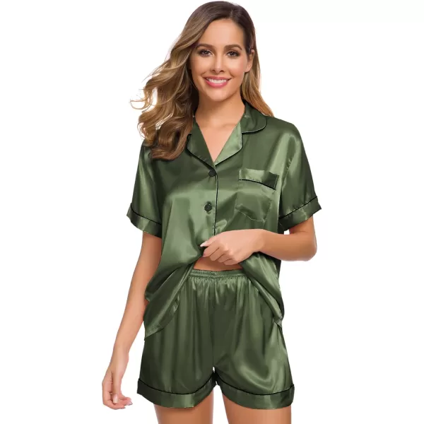 SWOMOG Womens Silk Satin Pajamas Set Twopiece Pj Sets Sleepwear Loungewear ButtonDown Pj SetsOlive Green