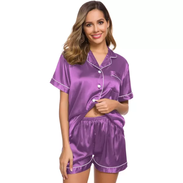 SWOMOG Womens Silk Satin Pajamas Set Twopiece Pj Sets Sleepwear Loungewear ButtonDown Pj SetsOrchid