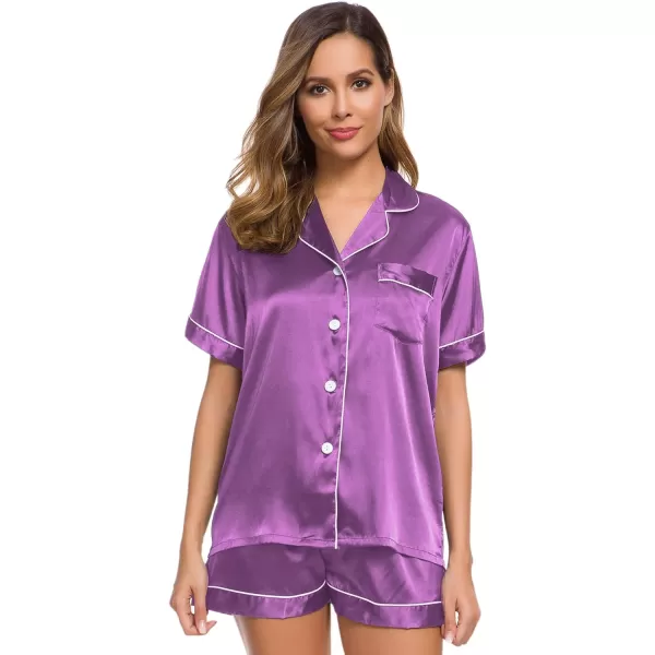 SWOMOG Womens Silk Satin Pajamas Set Twopiece Pj Sets Sleepwear Loungewear ButtonDown Pj SetsOrchid