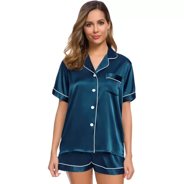 SWOMOG Womens Silk Satin Pajamas Set Twopiece Pj Sets Sleepwear Loungewear ButtonDown Pj SetsOxford Blue