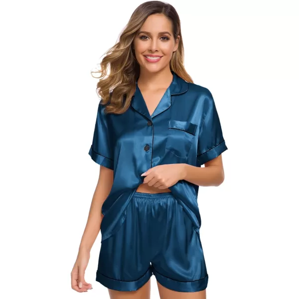 SWOMOG Womens Silk Satin Pajamas Set Twopiece Pj Sets Sleepwear Loungewear ButtonDown Pj SetsPeacock Blue