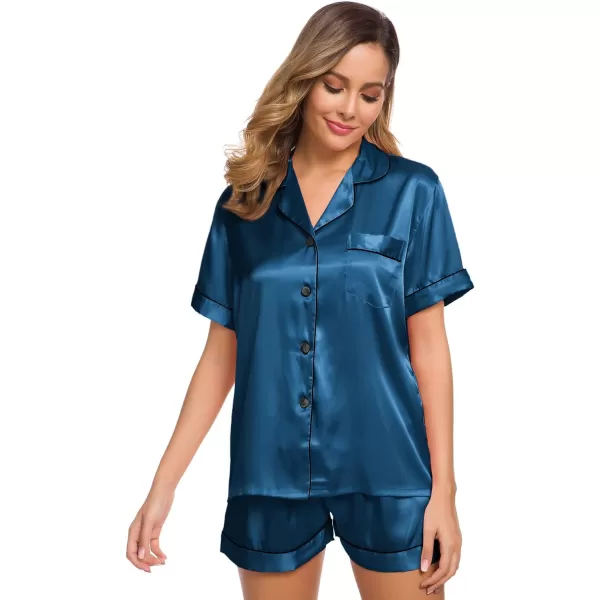 SWOMOG Womens Silk Satin Pajamas Set Twopiece Pj Sets Sleepwear Loungewear ButtonDown Pj SetsPeacock Blue