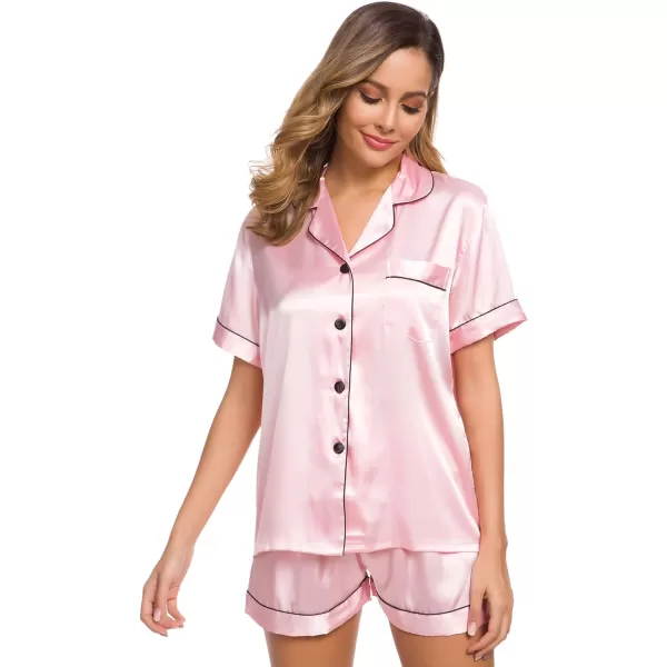 SWOMOG Womens Silk Satin Pajamas Set Twopiece Pj Sets Sleepwear Loungewear ButtonDown Pj SetsPink