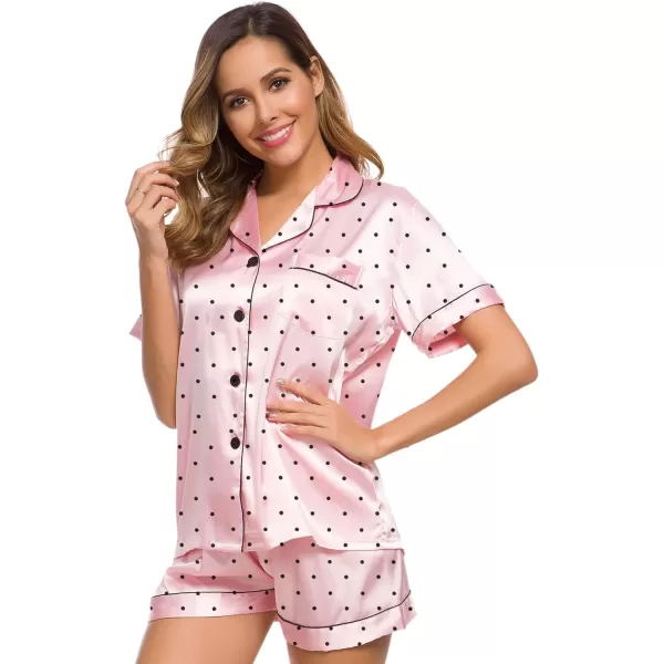 SWOMOG Womens Silk Satin Pajamas Set Twopiece Pj Sets Sleepwear Loungewear ButtonDown Pj SetsPink Dots