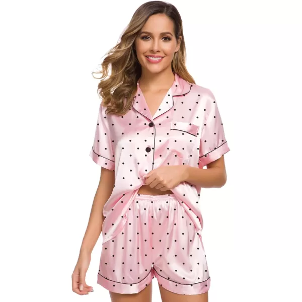 SWOMOG Womens Silk Satin Pajamas Set Twopiece Pj Sets Sleepwear Loungewear ButtonDown Pj SetsPink Dots