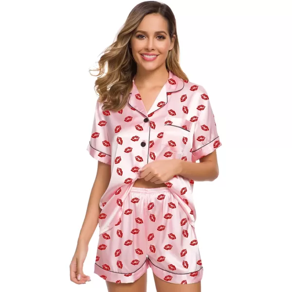 SWOMOG Womens Silk Satin Pajamas Set Twopiece Pj Sets Sleepwear Loungewear ButtonDown Pj SetsPink Kiss