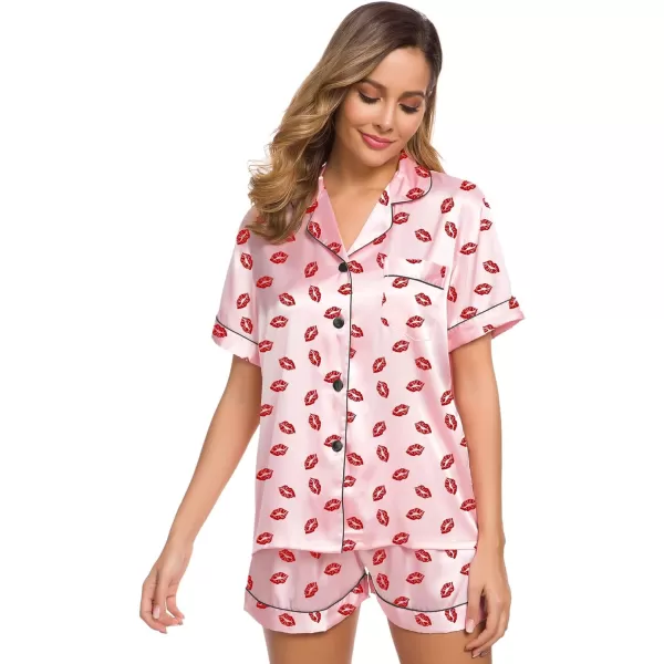 SWOMOG Womens Silk Satin Pajamas Set Twopiece Pj Sets Sleepwear Loungewear ButtonDown Pj SetsPink Kiss