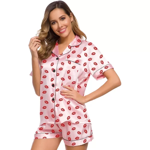 SWOMOG Womens Silk Satin Pajamas Set Twopiece Pj Sets Sleepwear Loungewear ButtonDown Pj SetsPink Kiss