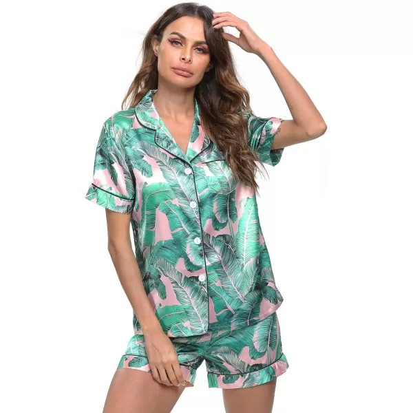 SWOMOG Womens Silk Satin Pajamas Set Twopiece Pj Sets Sleepwear Loungewear ButtonDown Pj SetsPink Leaves