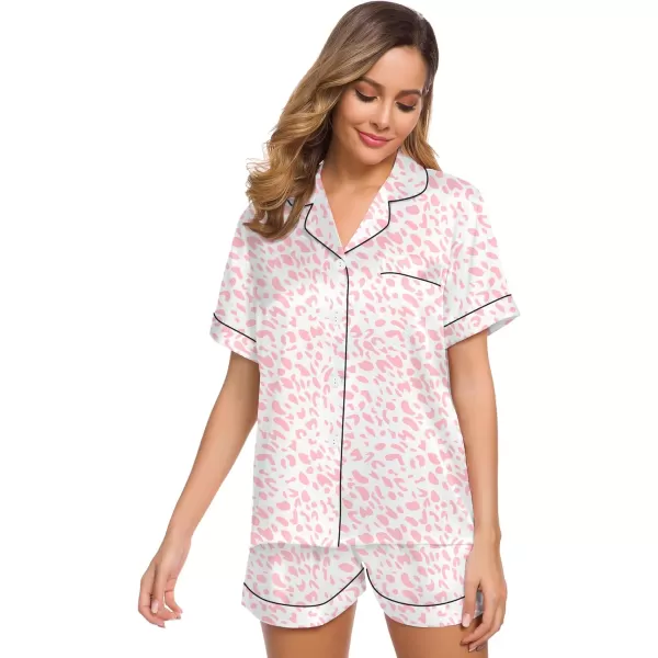 SWOMOG Womens Silk Satin Pajamas Set Twopiece Pj Sets Sleepwear Loungewear ButtonDown Pj SetsPink Leopard