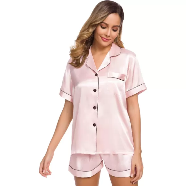 SWOMOG Womens Silk Satin Pajamas Set Twopiece Pj Sets Sleepwear Loungewear ButtonDown Pj SetsPink One