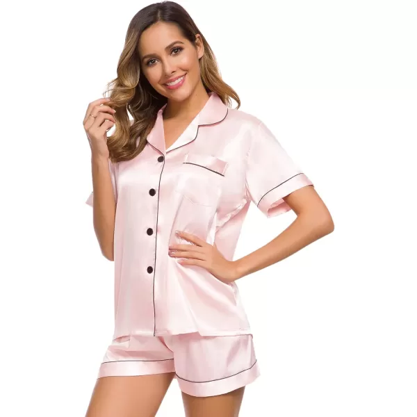 SWOMOG Womens Silk Satin Pajamas Set Twopiece Pj Sets Sleepwear Loungewear ButtonDown Pj SetsPink One