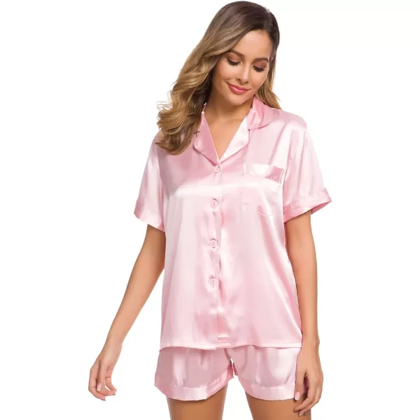 SWOMOG Womens Silk Satin Pajamas Set Twopiece Pj Sets Sleepwear Loungewear ButtonDown Pj SetsPink Solid214