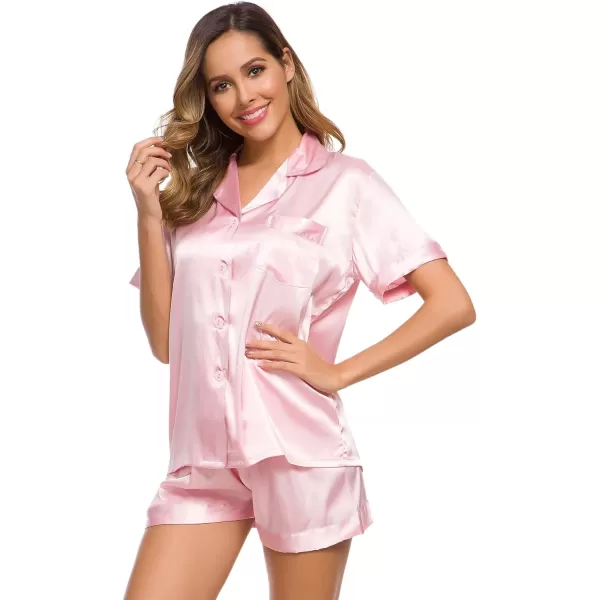 SWOMOG Womens Silk Satin Pajamas Set Twopiece Pj Sets Sleepwear Loungewear ButtonDown Pj SetsPink Solid214