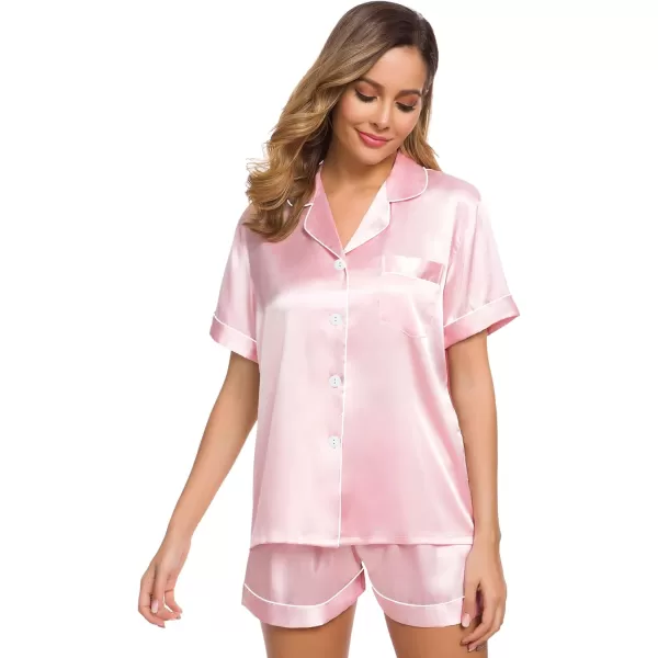 SWOMOG Womens Silk Satin Pajamas Set Twopiece Pj Sets Sleepwear Loungewear ButtonDown Pj SetsPink Two