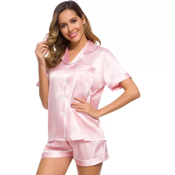 SWOMOG Womens Silk Satin Pajamas Set Twopiece Pj Sets Sleepwear Loungewear ButtonDown Pj SetsPink Two