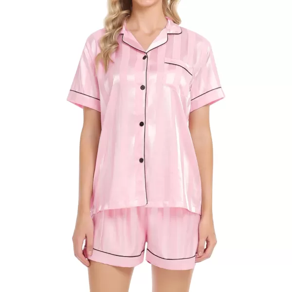 SWOMOG Womens Silk Satin Pajamas Set Twopiece Pj Sets Sleepwear Loungewear ButtonDown Pj SetsPinkstriped