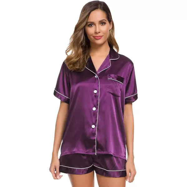 SWOMOG Womens Silk Satin Pajamas Set Twopiece Pj Sets Sleepwear Loungewear ButtonDown Pj SetsPurple