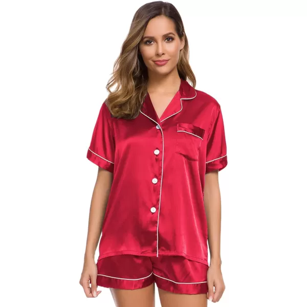 SWOMOG Womens Silk Satin Pajamas Set Twopiece Pj Sets Sleepwear Loungewear ButtonDown Pj SetsRed 1