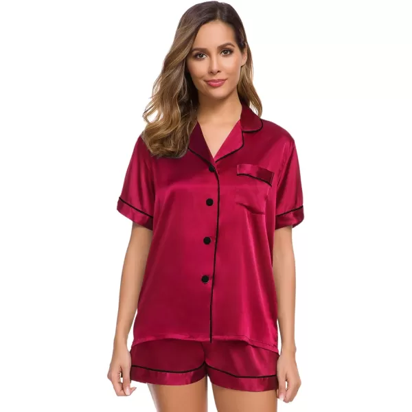 SWOMOG Womens Silk Satin Pajamas Set Twopiece Pj Sets Sleepwear Loungewear ButtonDown Pj SetsRed 2