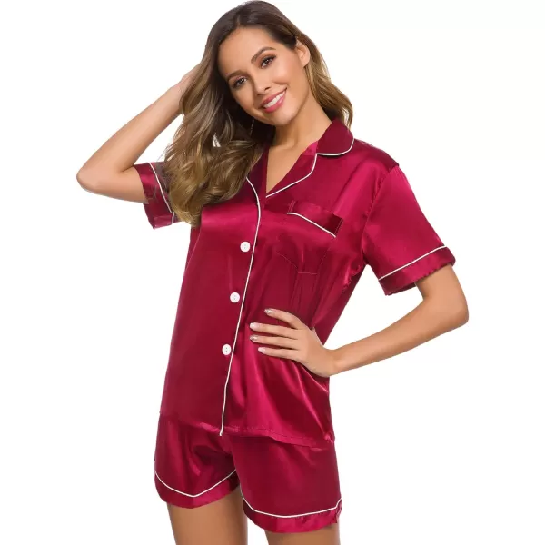 SWOMOG Womens Silk Satin Pajamas Set Twopiece Pj Sets Sleepwear Loungewear ButtonDown Pj SetsRed