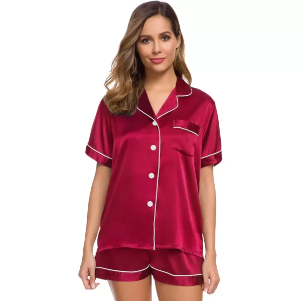 SWOMOG Womens Silk Satin Pajamas Set Twopiece Pj Sets Sleepwear Loungewear ButtonDown Pj SetsRed