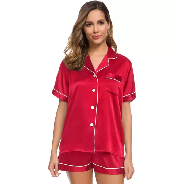 SWOMOG Womens Silk Satin Pajamas Set Twopiece Pj Sets Sleepwear Loungewear ButtonDown Pj SetsRed Apple